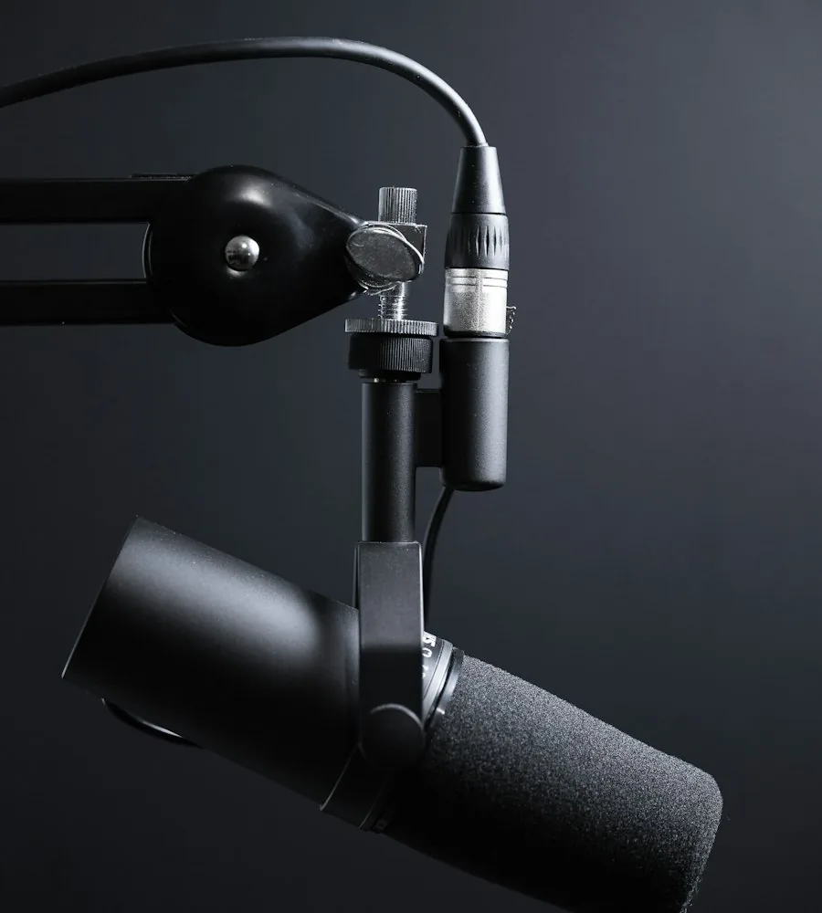 Studio condenser microphone set up for professional voice over recording